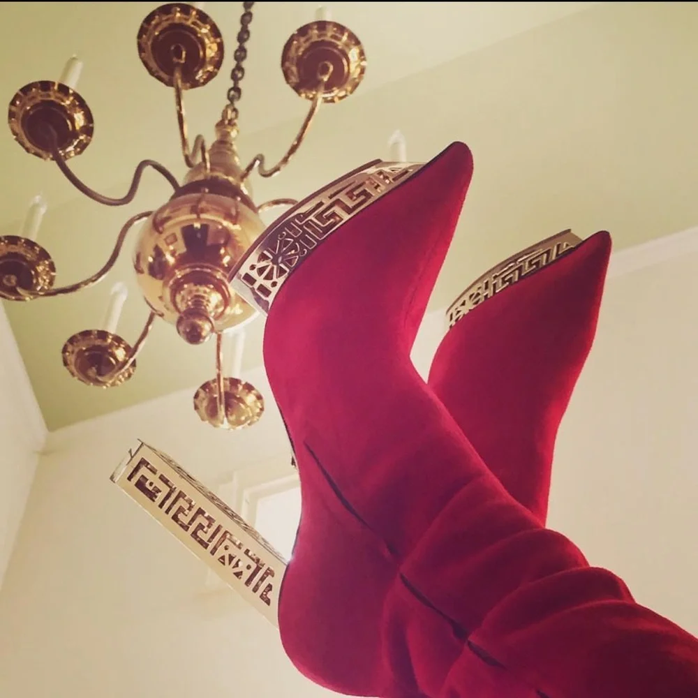 VERSACE HOLIDAY RED GREEK Over the knee boots suede 9.5 40 Gold shoes costume